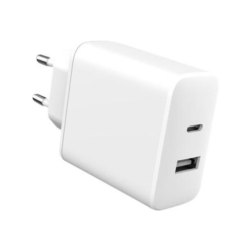 eSTUFF Home Charger USB-C PD 20W + USB-A 2.4A/12W, EU Plug - White